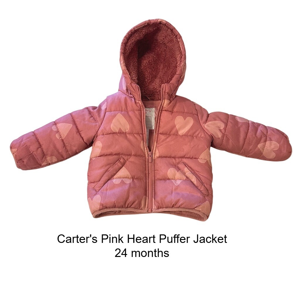 Carters Pink Heart Puffer Jacket 24 Months Winter Coat Warm Toddler Girl